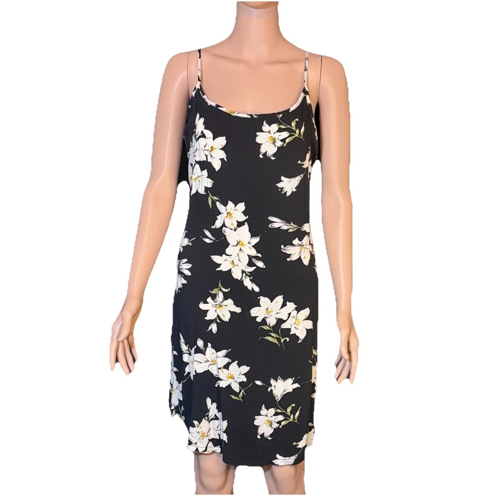 MS Basic Black White Floral Lily Slip Dress Adjustable Spaghetti Strap Large